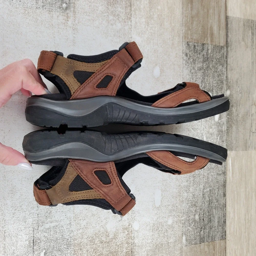 ECCO Offroad Sandals Sz 7 - 7.5 Brown Black Nubuck Leather Hook-and-Loop